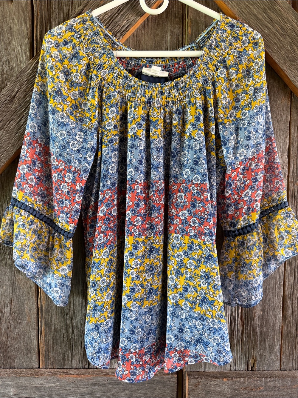 Bohemian Floral Peasant Top in Yellow, Blue & Red